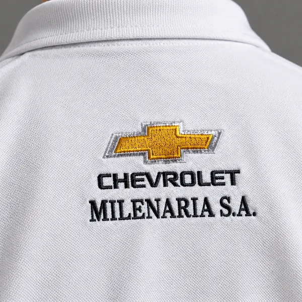 Chomba blanca con logo Chevrolet Milenaria S.A. bordado en la espalda
